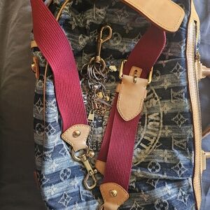 Louis Vuitton Denim Monogram Tote with Burgundy Strap